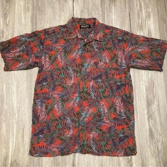 Brandini Shirt Men XL Red Floral Pure Silk Hawaiian Short Sleeve Button Down - Picture 1 of 5